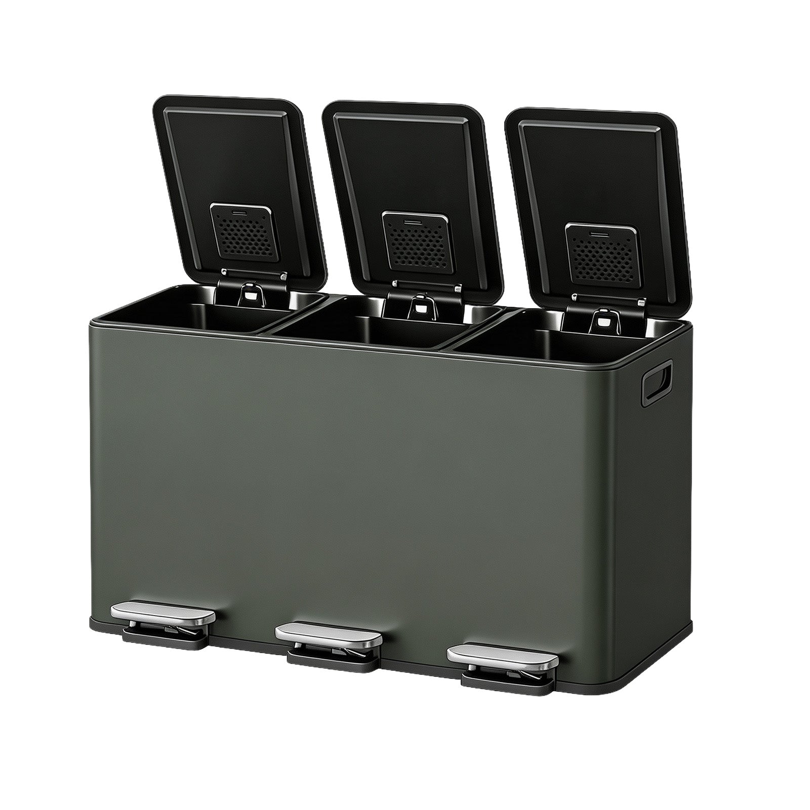 Garvee Cubo de Basura de Reciclaje 45L (3x15L), Cubo de Pedal de Acero Inoxidable Verde Salvia con 3 Compartimentos para Cocina y Oficina