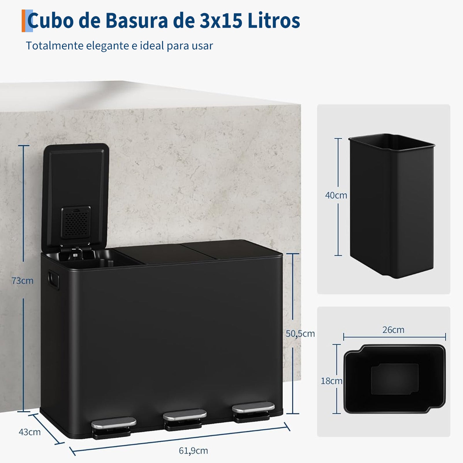 Garvee Basurero de Cocina de 3 Compartimentos, Contenedor de Reciclaje Negro de 45 Litros con Cierre Suave Silencioso y Cubos Interiores Extraíbles