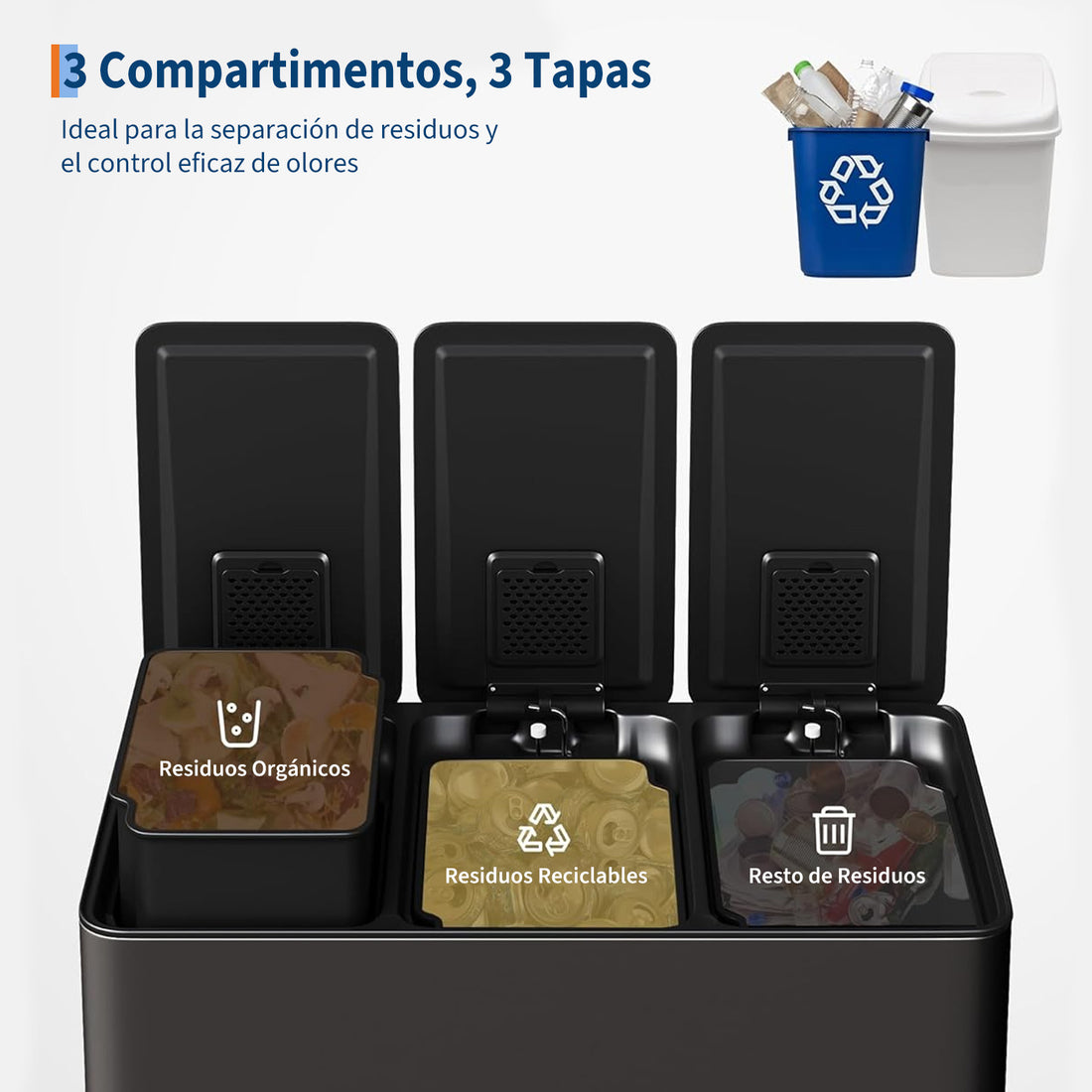 Garvee Basurero de Cocina de 3 Compartimentos, Contenedor de Reciclaje Negro de 45 Litros con Cierre Suave Silencioso y Cubos Interiores Extraíbles