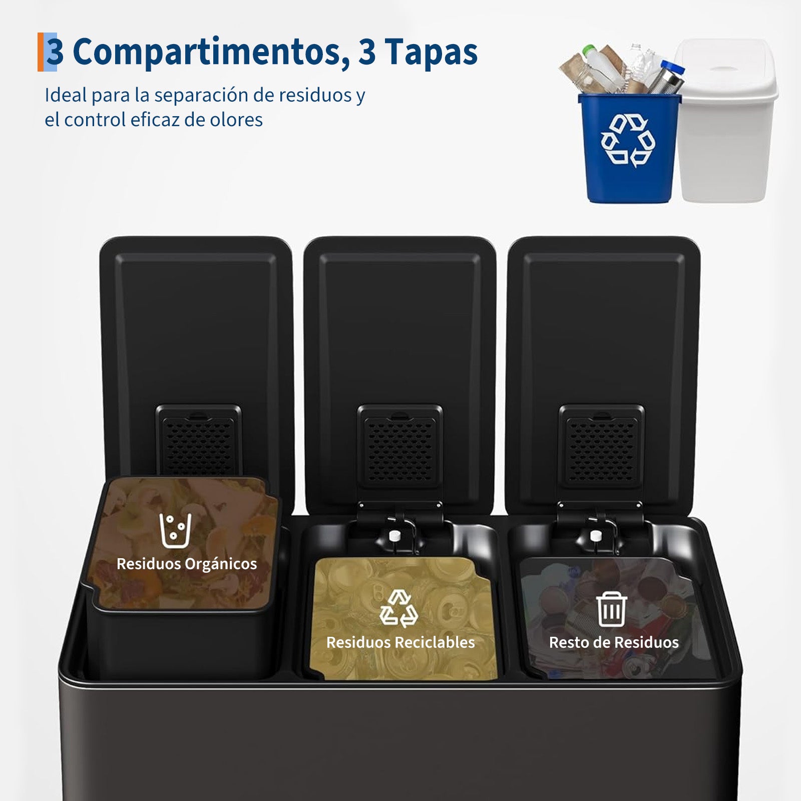 Garvee Basurero de Cocina de 3 Compartimentos, Contenedor de Reciclaje Negro de 45 Litros con Cierre Suave Silencioso y Cubos Interiores Extraíbles