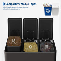 Garvee Basurero de Cocina de 3 Compartimentos, Contenedor de Reciclaje Negro de 45 Litros con Cierre Suave Silencioso y Cubos Interiores Extraíbles