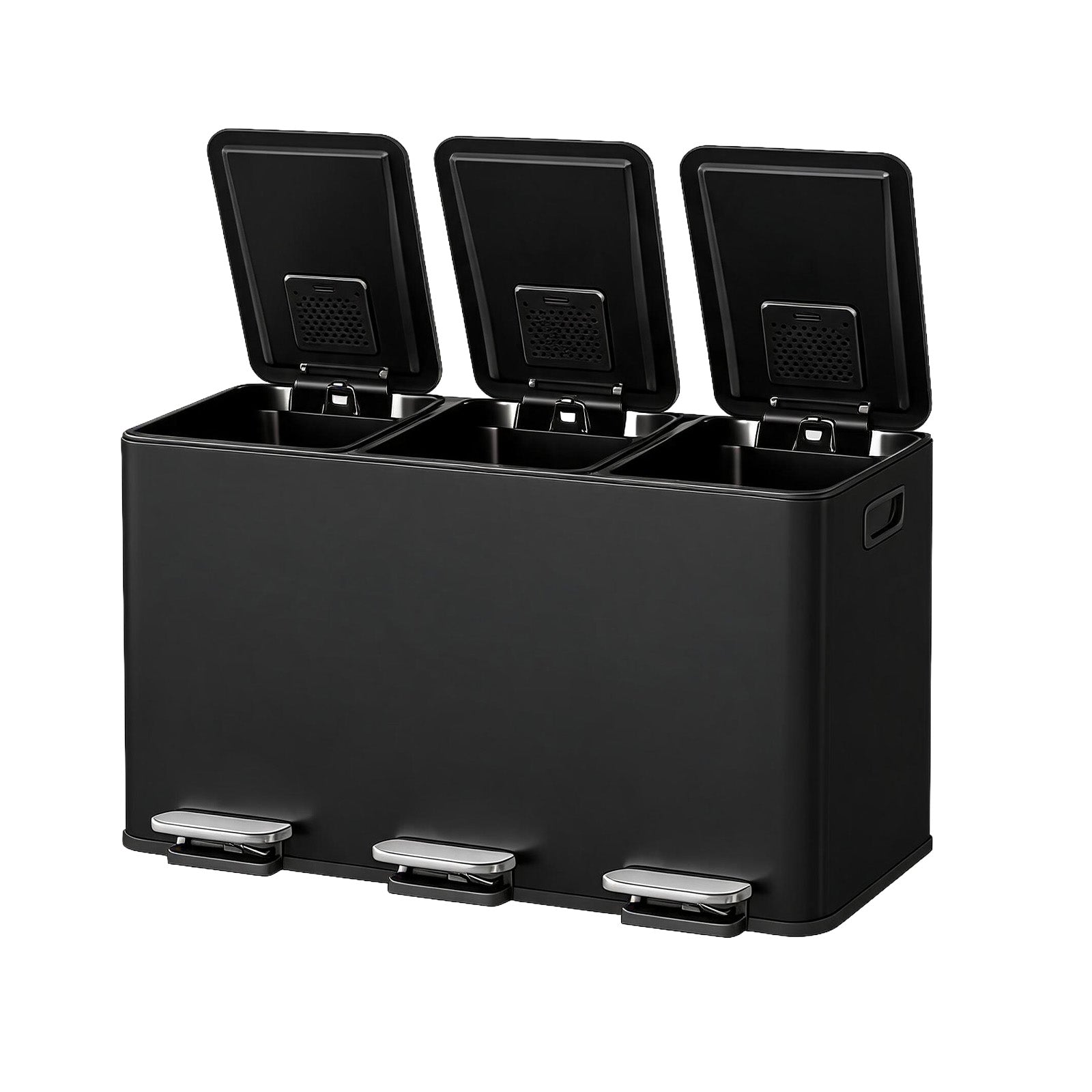Garvee Basurero de Cocina de 3 Compartimentos, Contenedor de Reciclaje Negro de 45 Litros con Cierre Suave Silencioso y Cubos Interiores Extraíbles
