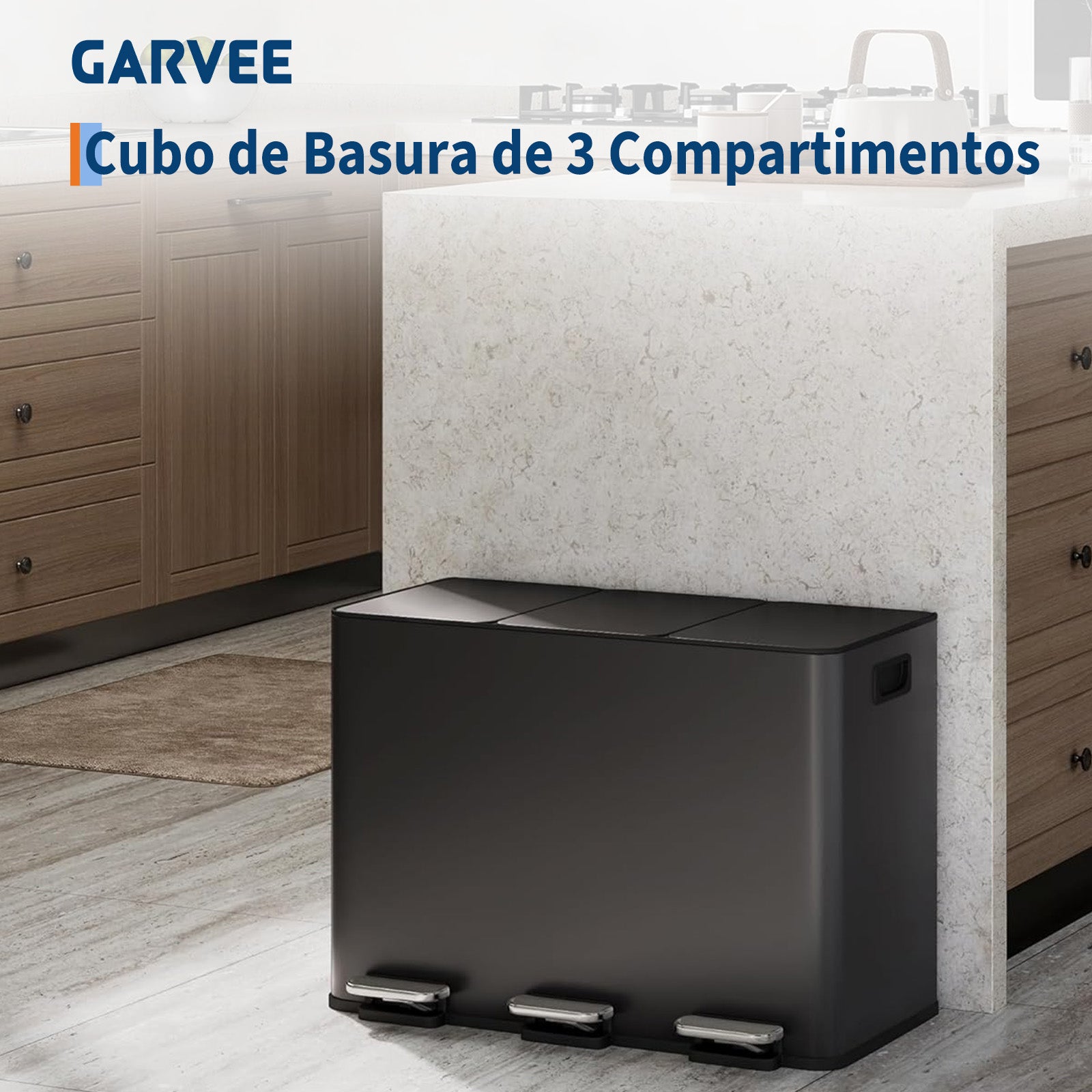Garvee Basurero de Cocina de 3 Compartimentos, Contenedor de Reciclaje Negro de 45 Litros con Cierre Suave Silencioso y Cubos Interiores Extraíbles