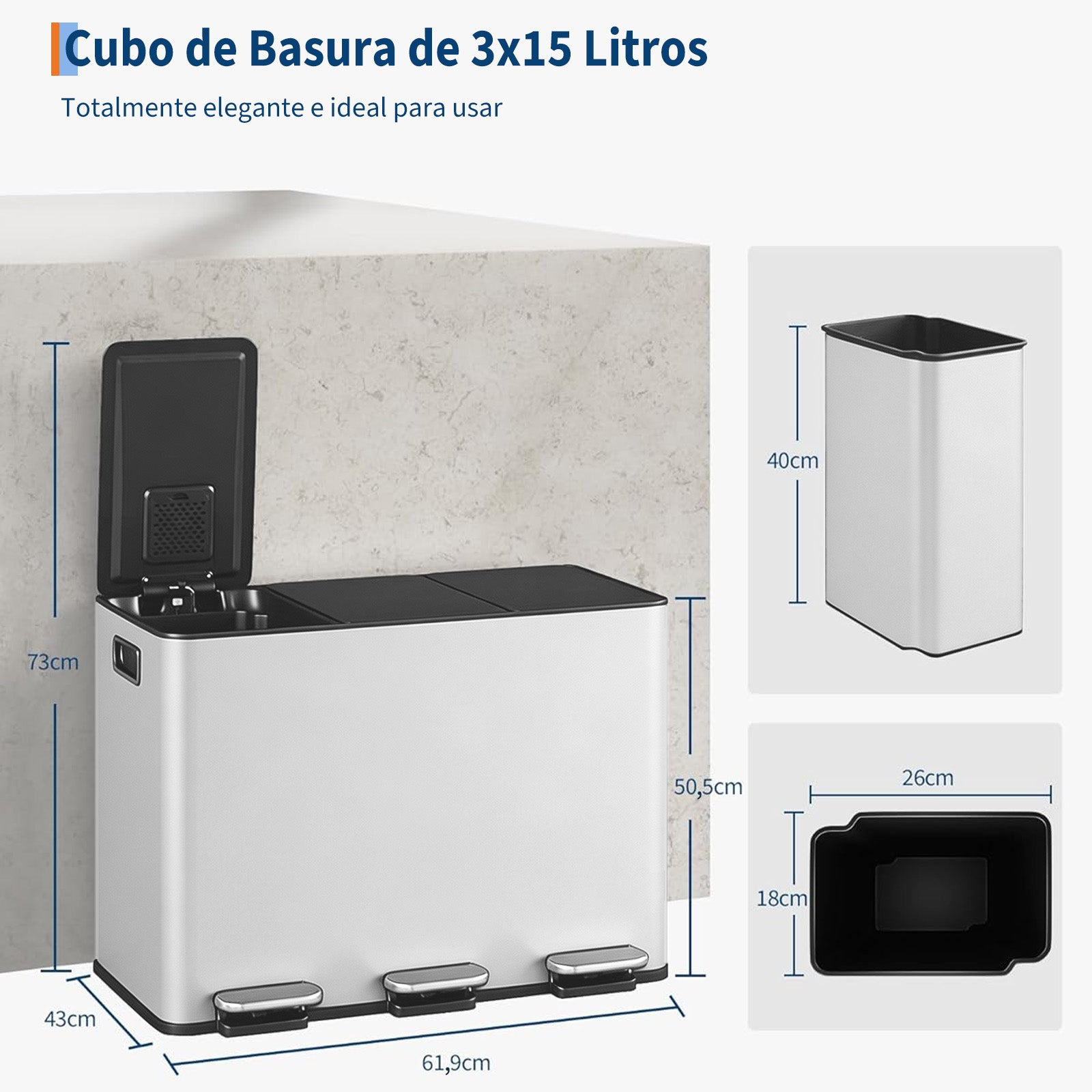 Garvee Basurero de Cocina de 3 Compartimentos, Contenedor de Reciclaje Blanco de 45L con Cierre Suave Silencioso y Cubos Interiores Extraíbles