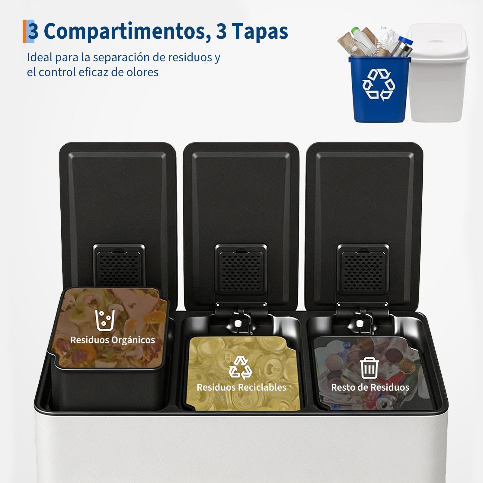 Garvee Basurero de Cocina de 3 Compartimentos, Contenedor de Reciclaje Blanco de 45L con Cierre Suave Silencioso y Cubos Interiores Extraíbles