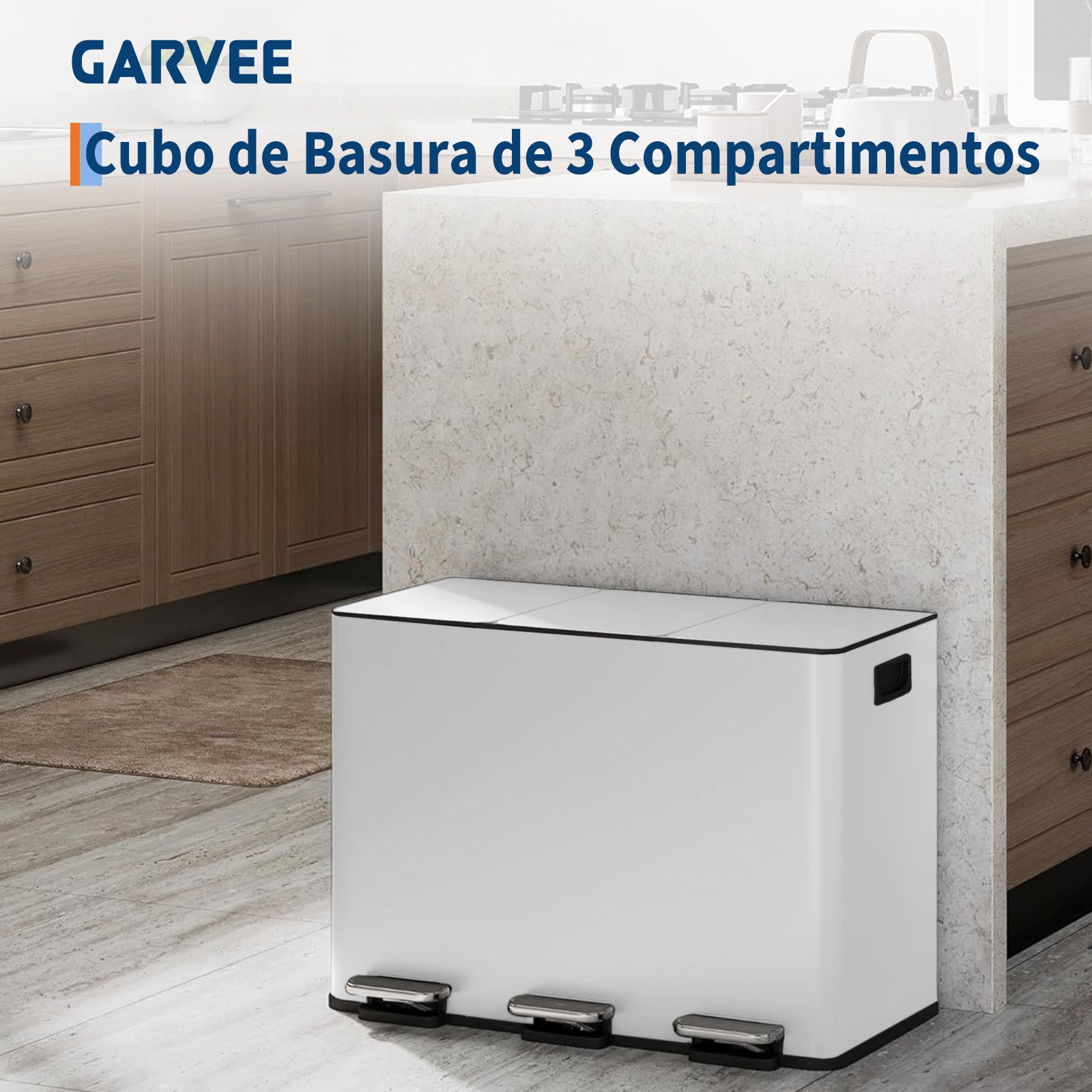 Garvee Basurero de Cocina de 3 Compartimentos, Contenedor de Reciclaje Blanco de 45L con Cierre Suave Silencioso y Cubos Interiores Extraíbles