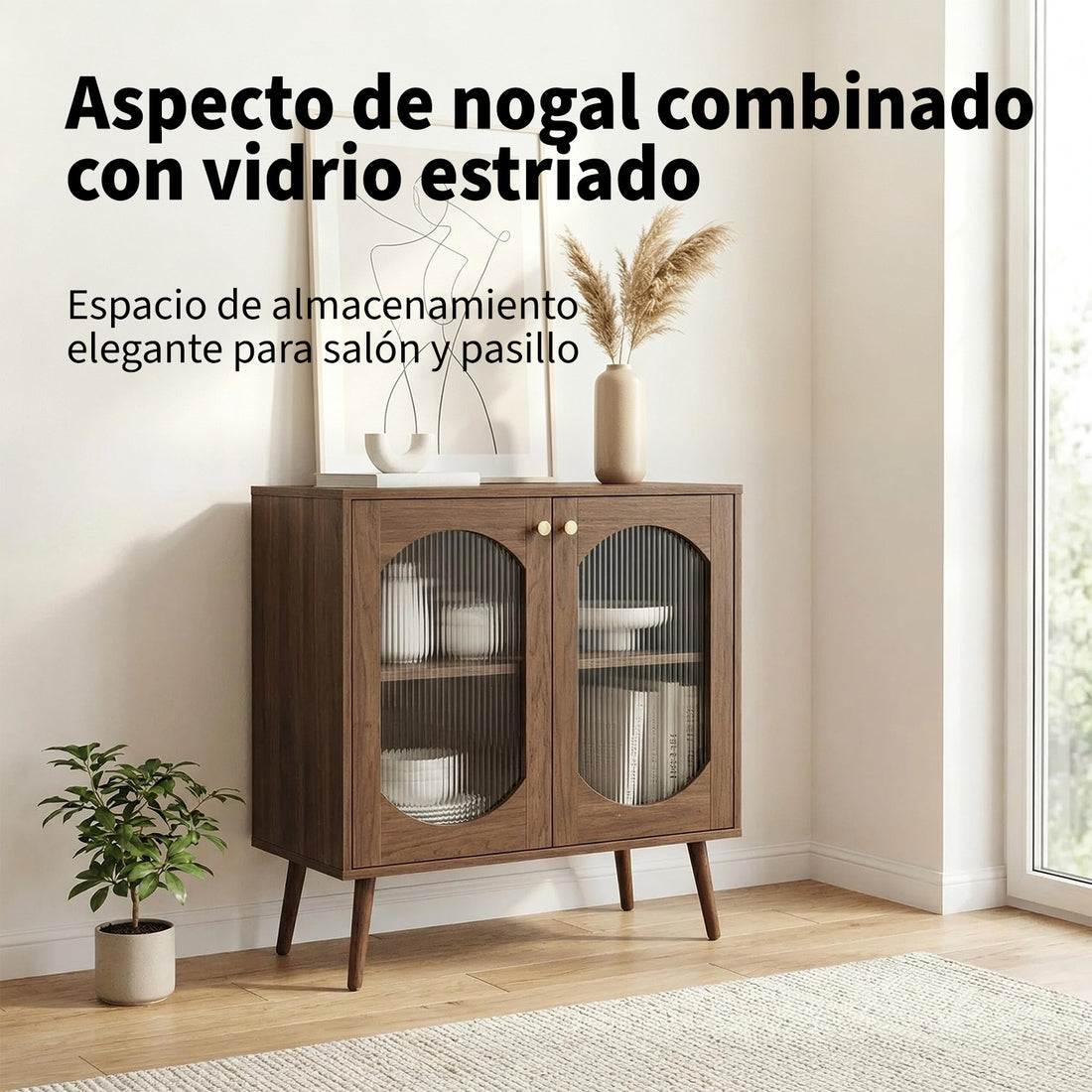 Garvee Armario Aparador de Dos Puertas con Vidrio Changhong y Madera PB Estilo Retro Almacenamiento Elegante Color Nogal