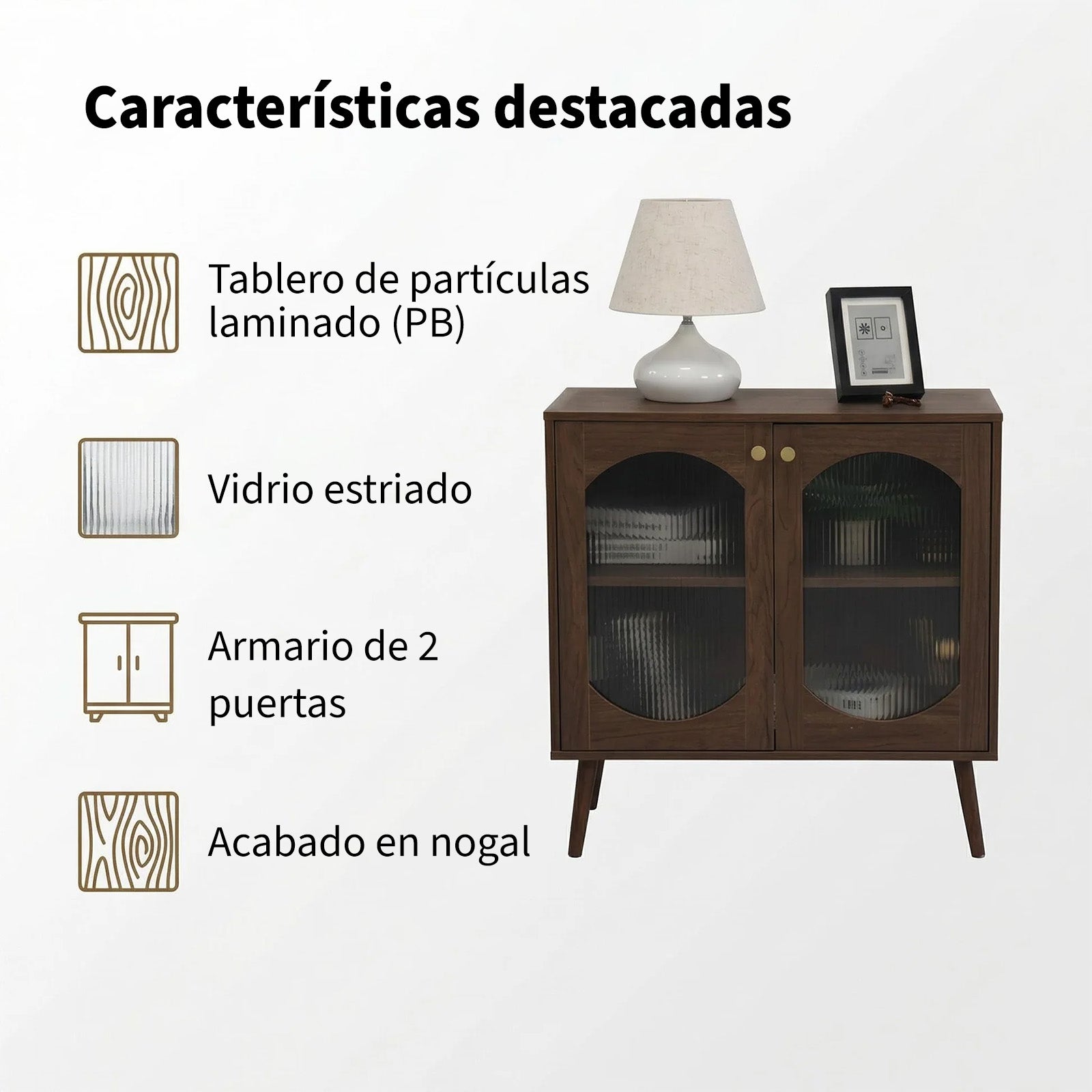 Garvee Armario Aparador de Dos Puertas con Vidrio Changhong y Madera PB Estilo Retro Almacenamiento Elegante Color Nogal