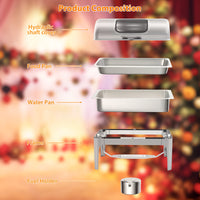 Garvee Chafing Dish Calentador de Comida de Acero Inoxidable de 9L con Tapa Enrollable de 180 Grados y Ventana Visible para Banquetes, Plata