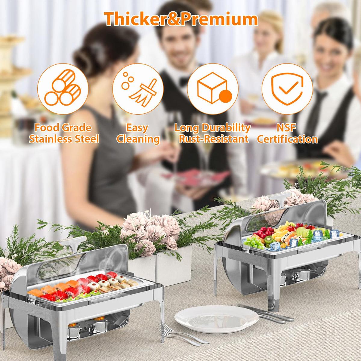 Garvee Chafing Dish Calentador de Comida de Acero Inoxidable de 9L con Tapa Enrollable de 180 Grados y Ventana Visible para Banquetes, Plata