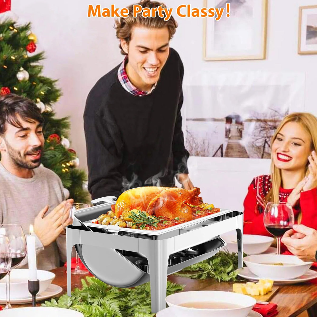 Garvee Chafing Dish Calentador de Comida de Acero Inoxidable de 9L con Tapa Enrollable de 180 Grados y Ventana Visible para Banquetes, Plata