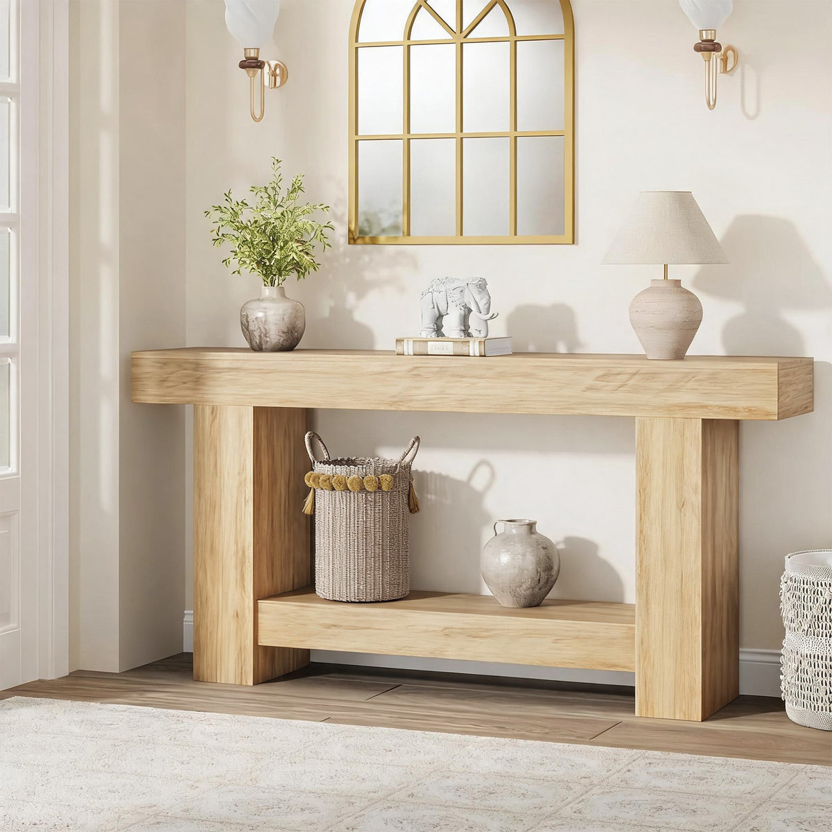 arvee Mesa Consola Larga de 160 cm con Estructura de Marco Robusta Mueble Recibidor de 2 Niveles Estilo Rústico Farmhouse para Entrada y Pasillo, Madera Natural