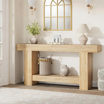 arvee Mesa Consola Larga de 160 cm con Estructura de Marco Robusta Mueble Recibidor de 2 Niveles Estilo Rústico Farmhouse para Entrada y Pasillo, Madera Natural