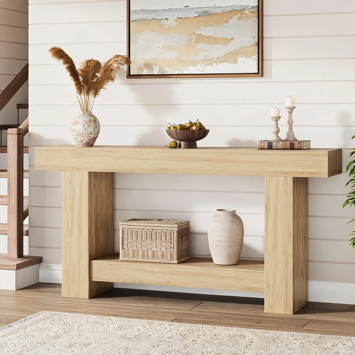 arvee Mesa Consola Larga de 160 cm con Estructura de Marco Robusta Mueble Recibidor de 2 Niveles Estilo Rústico Farmhouse para Entrada y Pasillo, Madera Natural