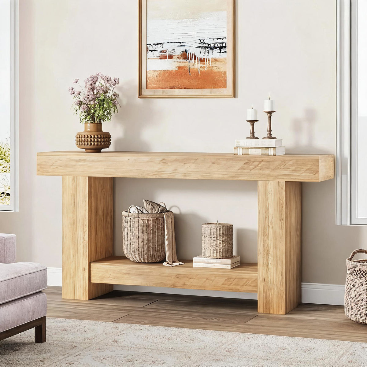 arvee Mesa Consola Larga de 160 cm con Estructura de Marco Robusta Mueble Recibidor de 2 Niveles Estilo Rústico Farmhouse para Entrada y Pasillo, Madera Natural