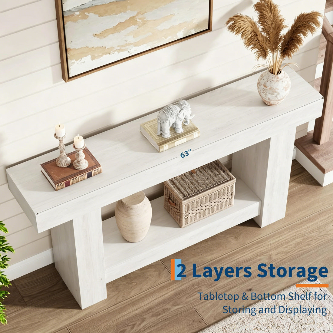 Garvee Mesa Consola Larga de 160 cm con Estructura de Marco Robusta Mueble Recibidor de 2 Niveles Estilo Rústico para Entrada, Salón y Pasillo, Blanco