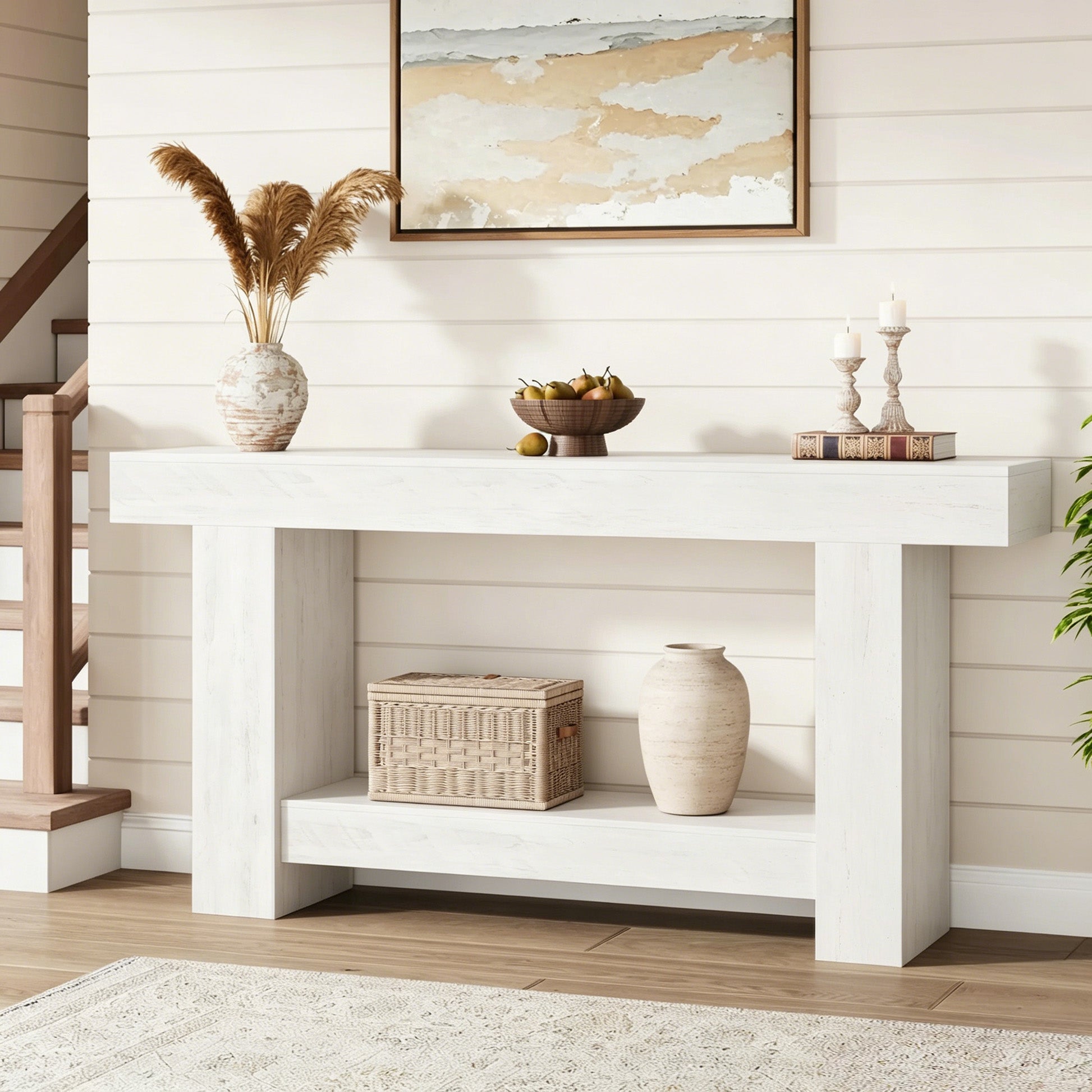 Garvee Mesa Consola Larga de 160 cm con Estructura de Marco Robusta Mueble Recibidor de 2 Niveles Estilo Rústico para Entrada, Salón y Pasillo, Blanco