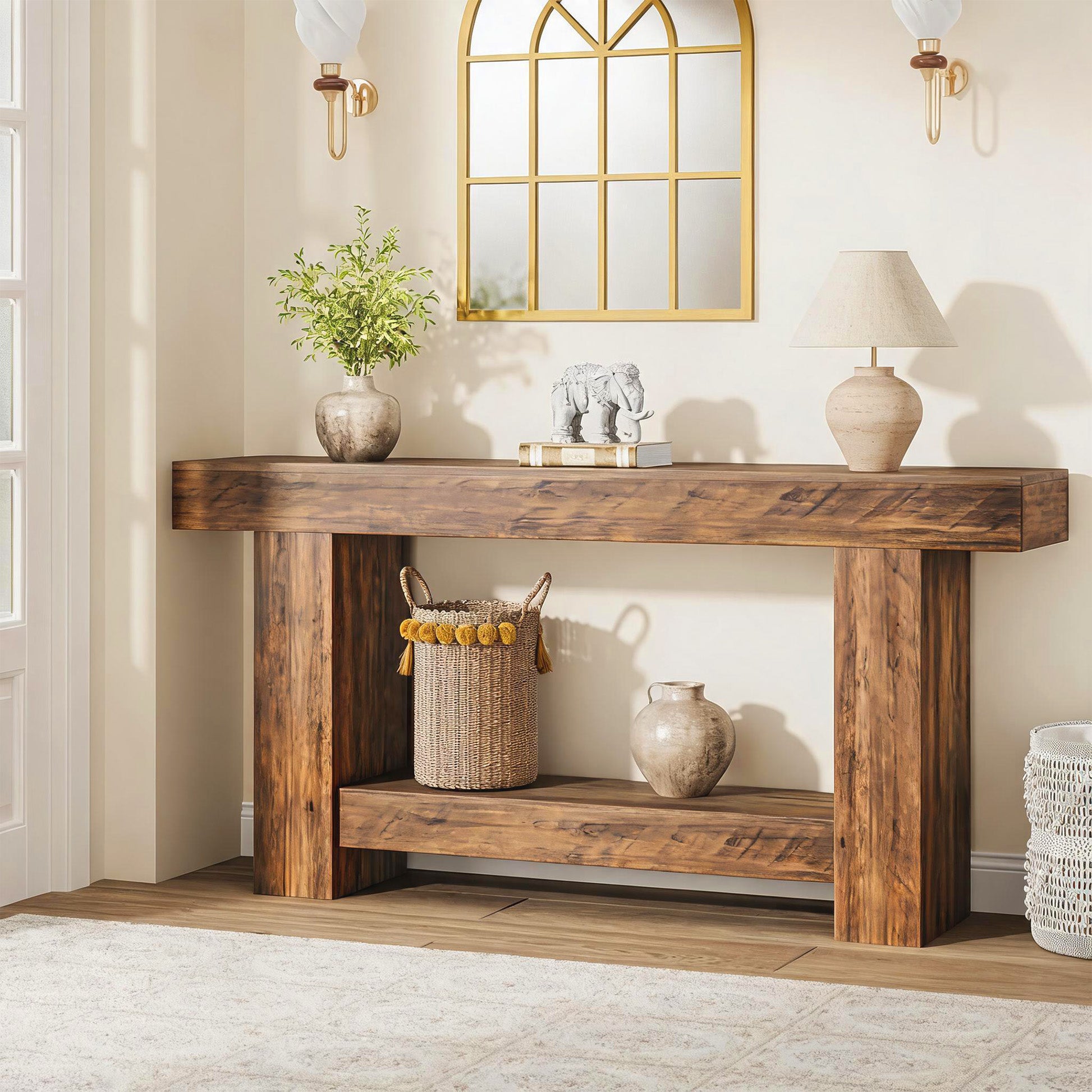 Garvee Mesa Consola Rústica de 160 cm de Madera con 2 Niveles de Almacenaje Estilo Farmhouse para Entrada y Salón, Marrón Efecto Flama