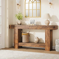 Garvee Mesa Consola Rústica de 160 cm de Madera con 2 Niveles de Almacenaje Estilo Farmhouse para Entrada y Salón, Marrón Efecto Flama
