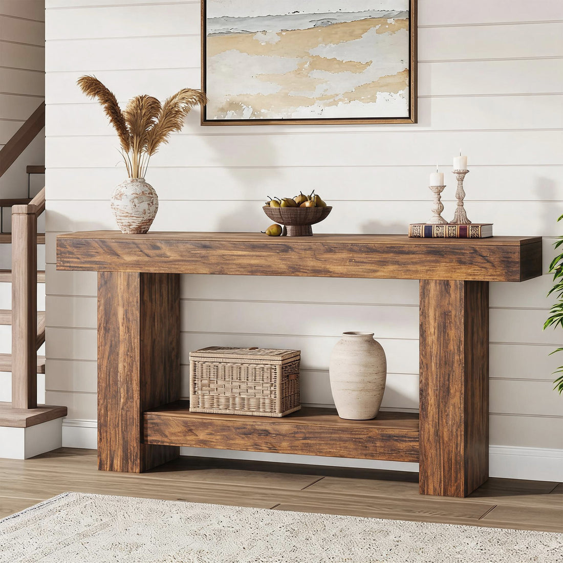Garvee Mesa Consola Rústica de 160 cm de Madera con 2 Niveles de Almacenaje Estilo Farmhouse para Entrada y Salón, Marrón Efecto Flama