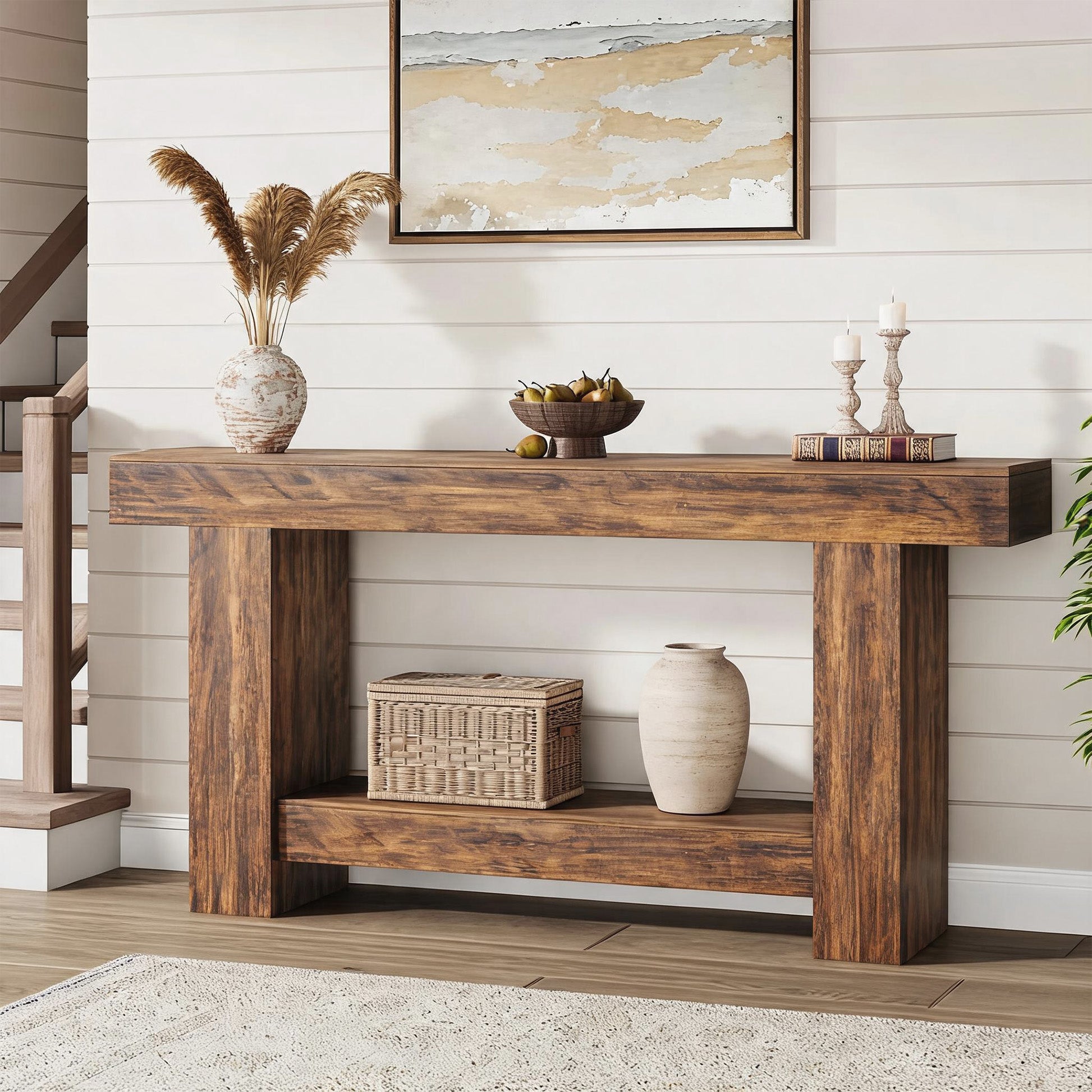 Garvee Mesa Consola Rústica de 160 cm de Madera con 2 Niveles de Almacenaje Estilo Farmhouse para Entrada y Salón, Marrón Efecto Flama