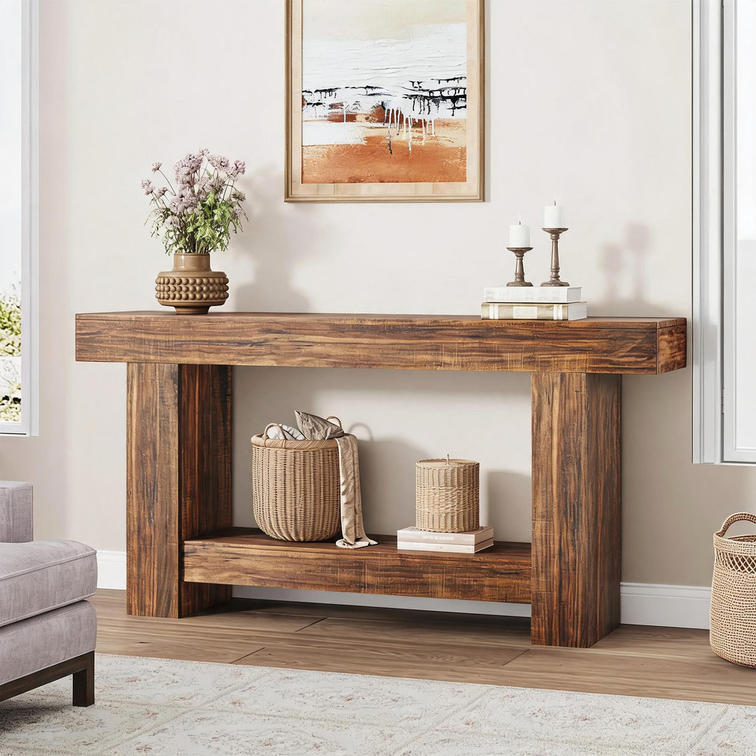 Garvee Mesa Consola Rústica de 160 cm de Madera con 2 Niveles de Almacenaje Estilo Farmhouse para Entrada y Salón, Marrón Efecto Flama