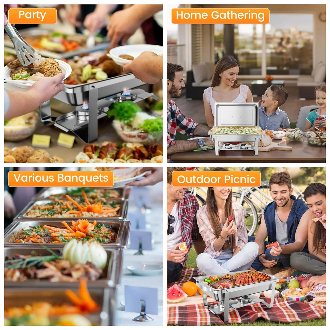 Garvee Juego de 4 Chafing Dish de Acero Inoxidable SS201 de 7,5 L con Marco Plegable para Catering y Buffet, Acero Inoxidable