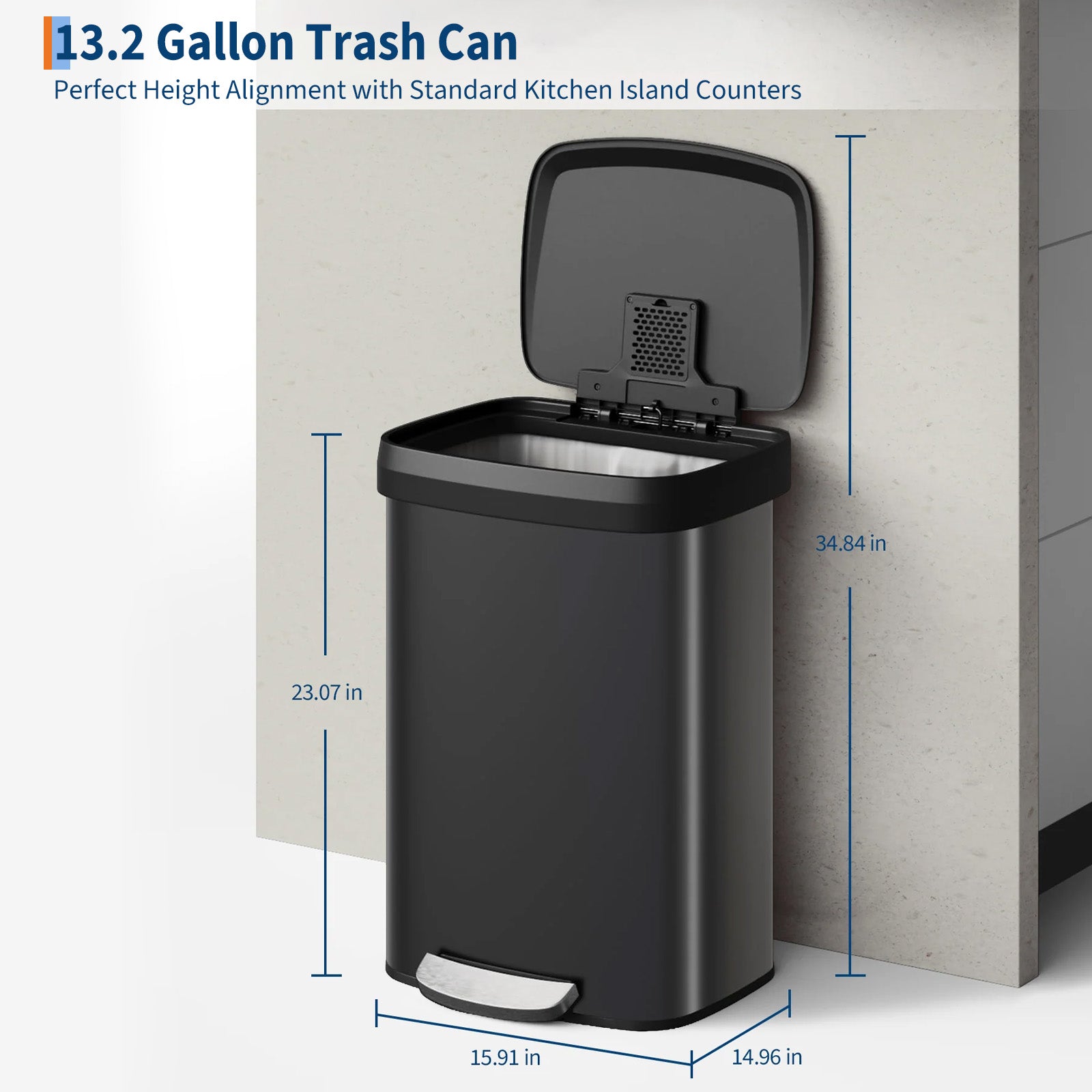 Garvee Cubo de Basura de Pie 50L con Tapa de Cierre Suave, Inoxidable para Cocina y Comedor, Compacto, Negro