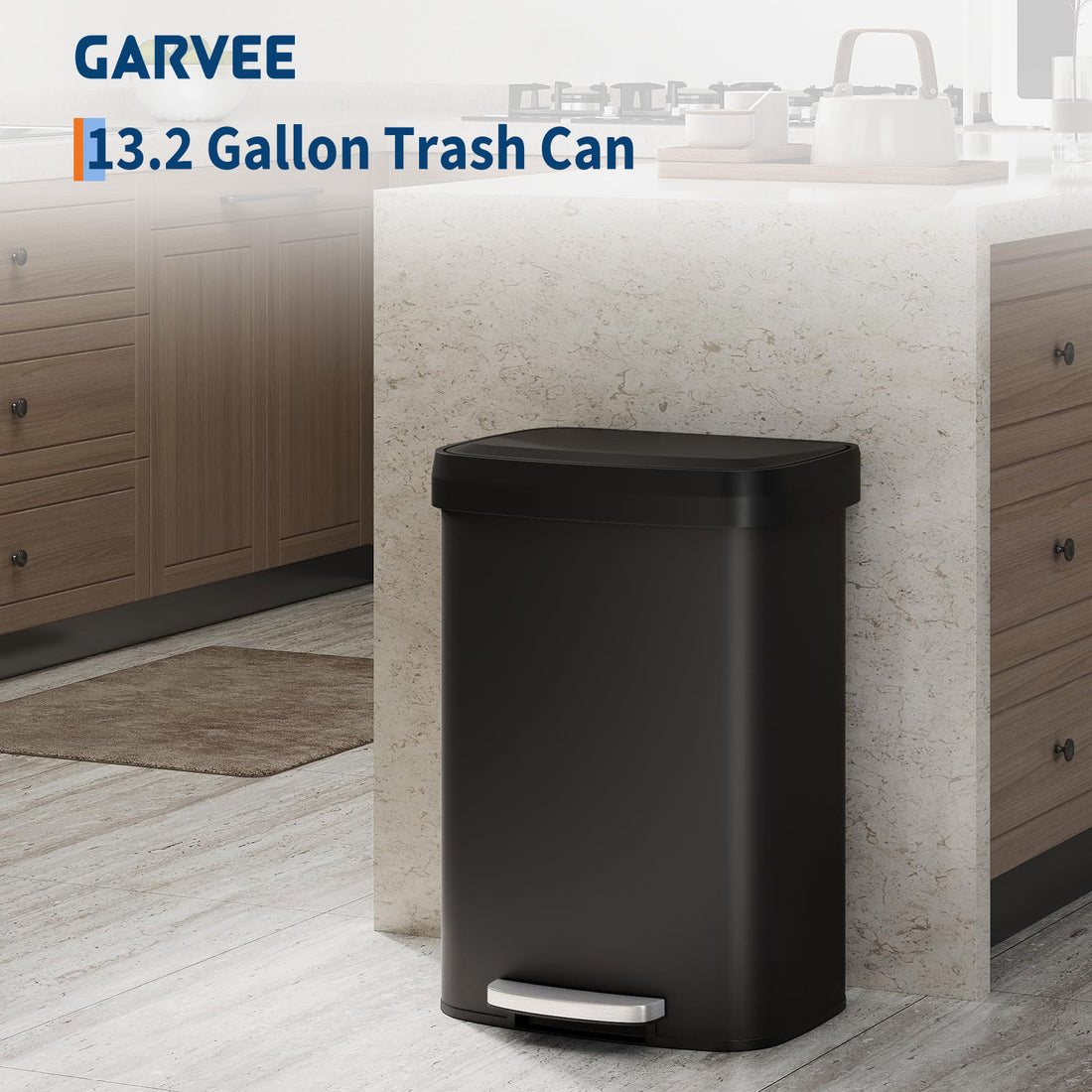 Garvee Cubo de Basura de Pie 50L con Tapa de Cierre Suave, Inoxidable para Cocina y Comedor, Compacto, Negro