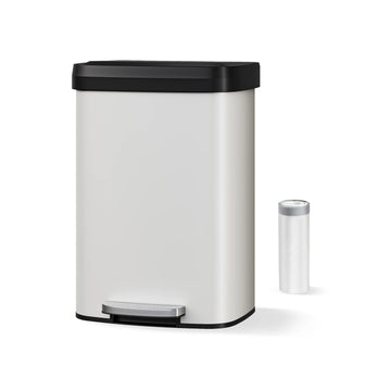 Garvee Cubo de Basura de 50 Litros con Tapa de Cierre Suave y Asa Trasera, Acabado Metálico Antihuellas, para Cocina y Oficina, Blanco