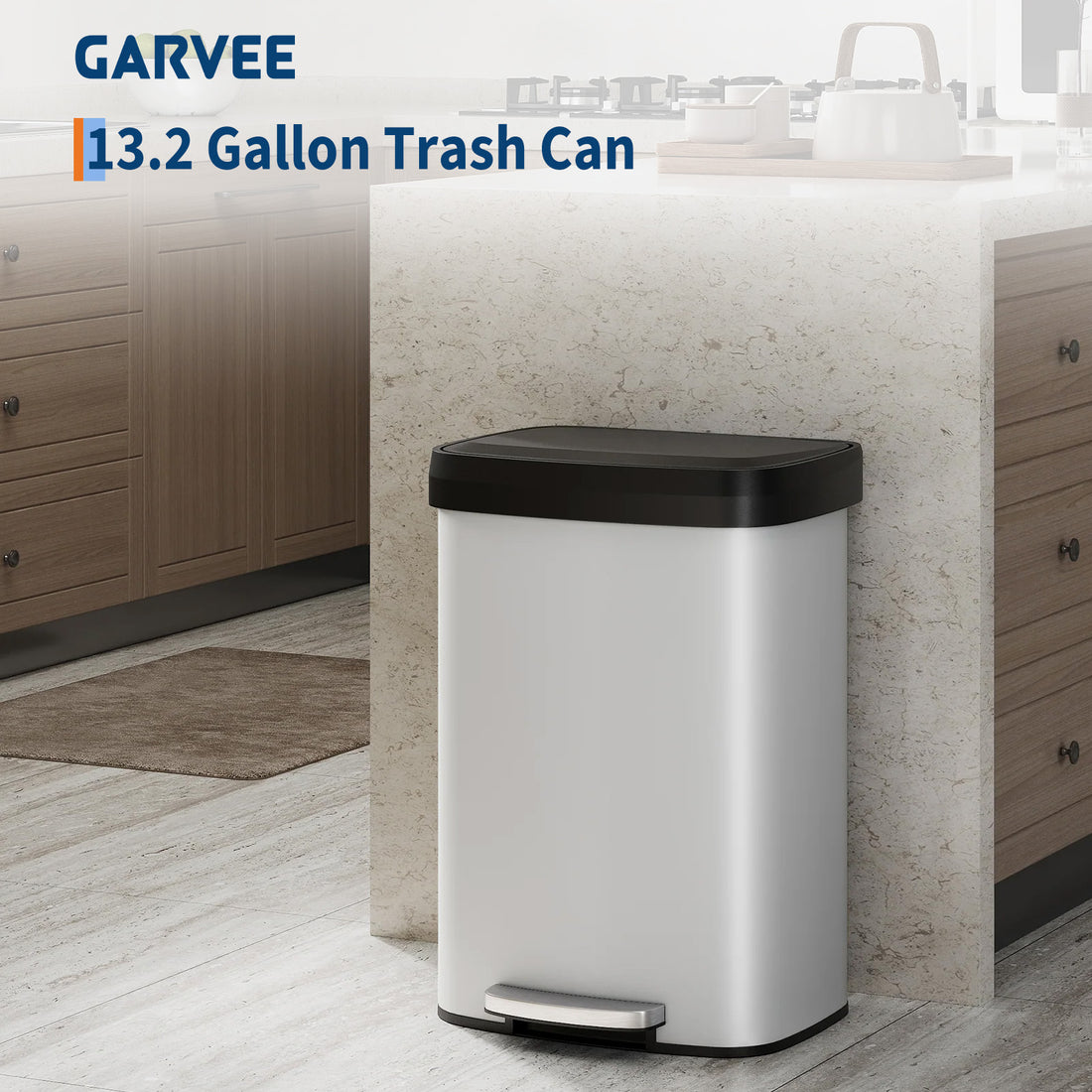 Garvee Cubo de Basura de 50 Litros con Tapa de Cierre Suave y Asa Trasera, Acabado Metálico Antihuellas, para Cocina y Oficina, Blanco