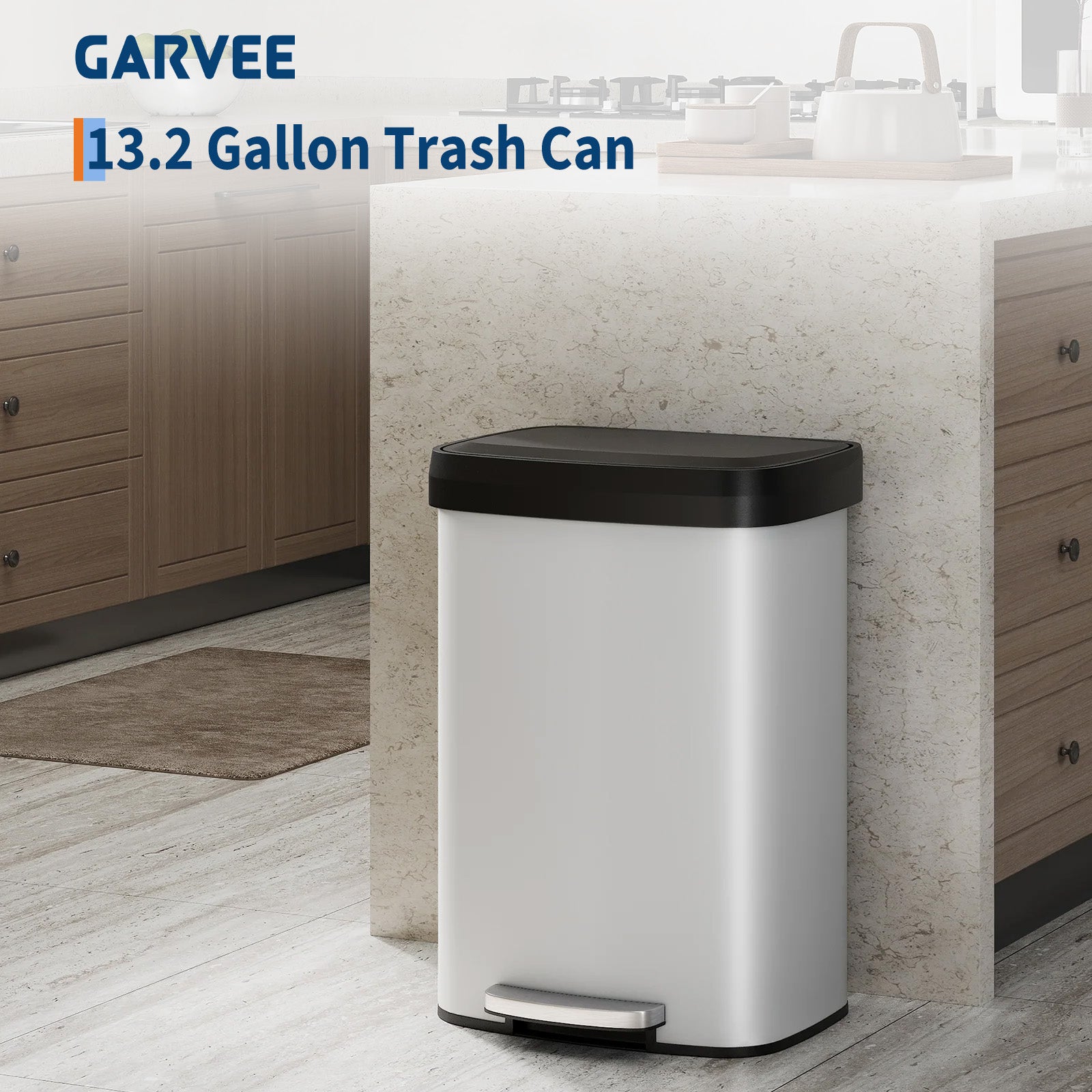 Garvee Cubo de Basura de 50 Litros con Tapa de Cierre Suave y Asa Trasera, Acabado Metálico Antihuellas, para Cocina y Oficina, Blanco