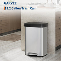 Garvee Cubo de Basura de Acero Inoxidable 410 de 49 Litros con Pedal Industrial, Tapa de Cierre Suave y Acabado Antihuellas, para Cocina, Acero Inoxidable