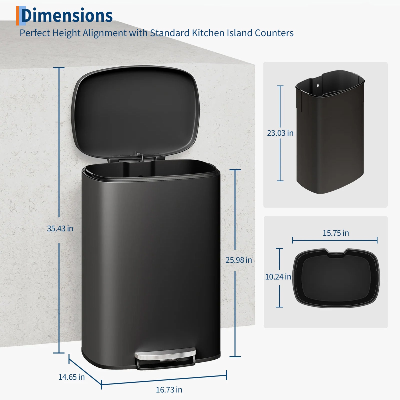 Garvee Cubo de Basura de 50 Litros de Acero Inoxidable con Pedal Industrial, Tapa de Cierre Suave y Cubo Interior Extraíble, para Cocina y Oficina, Negro