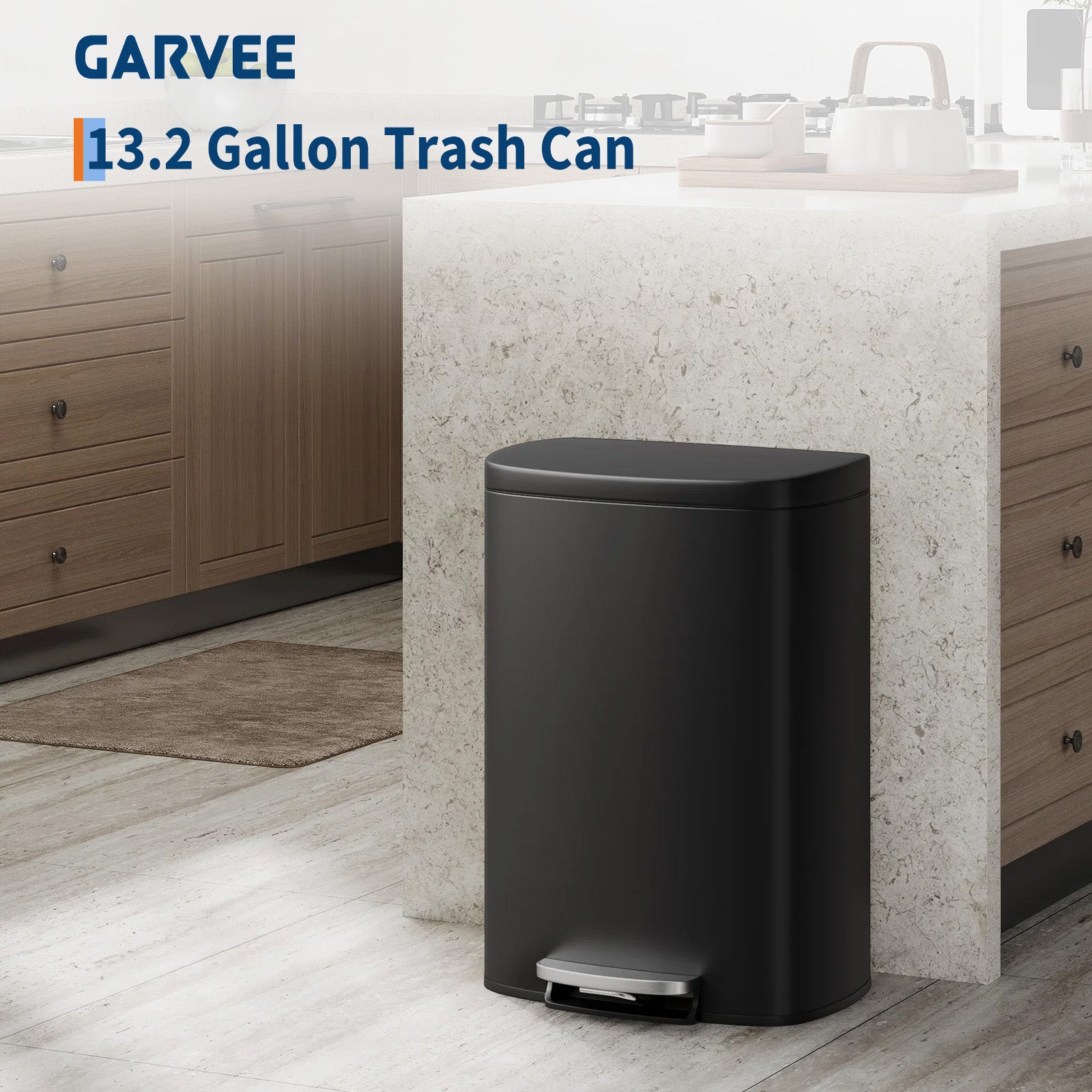 Garvee Cubo de Basura de 50 Litros de Acero Inoxidable con Pedal Industrial, Tapa de Cierre Suave y Cubo Interior Extraíble, para Cocina y Oficina, Negro