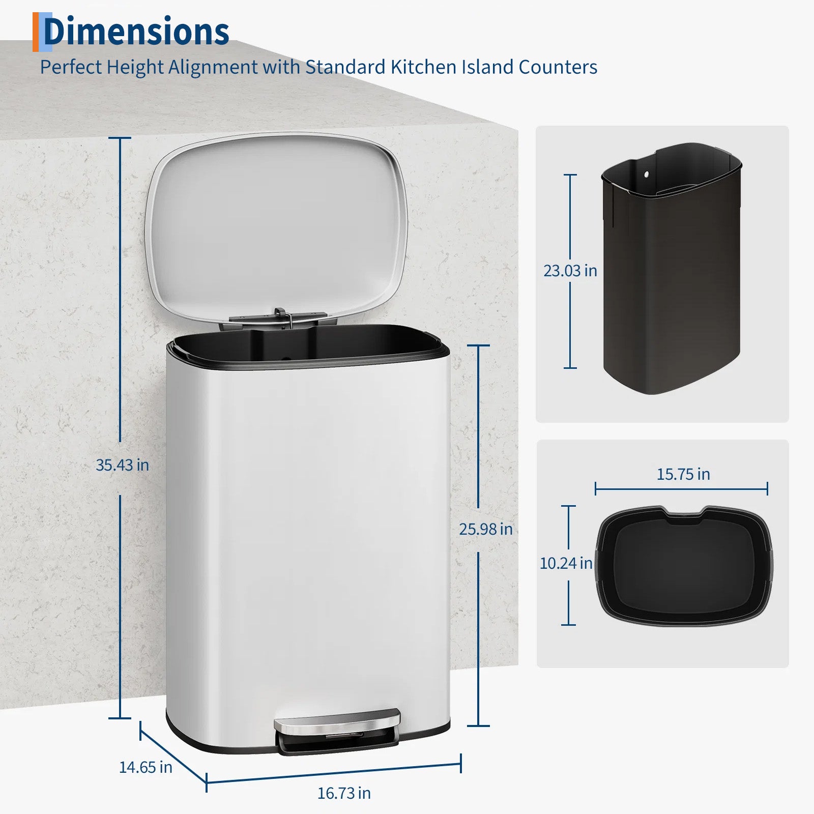 Garvee Cubo de Basura de 50 Litros 13 Galones con Pedal Acero Inoxidable Antihuellas y Tapa de Cierre Suave Blanco