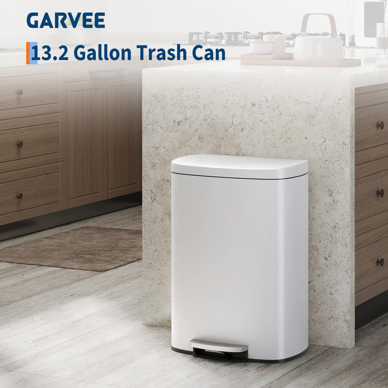 Garvee Cubo de Basura de 50 Litros 13 Galones con Pedal Acero Inoxidable Antihuellas y Tapa de Cierre Suave Blanco