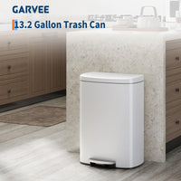 Garvee Cubo de Basura de 50 Litros 13 Galones con Pedal Acero Inoxidable Antihuellas y Tapa de Cierre Suave Blanco