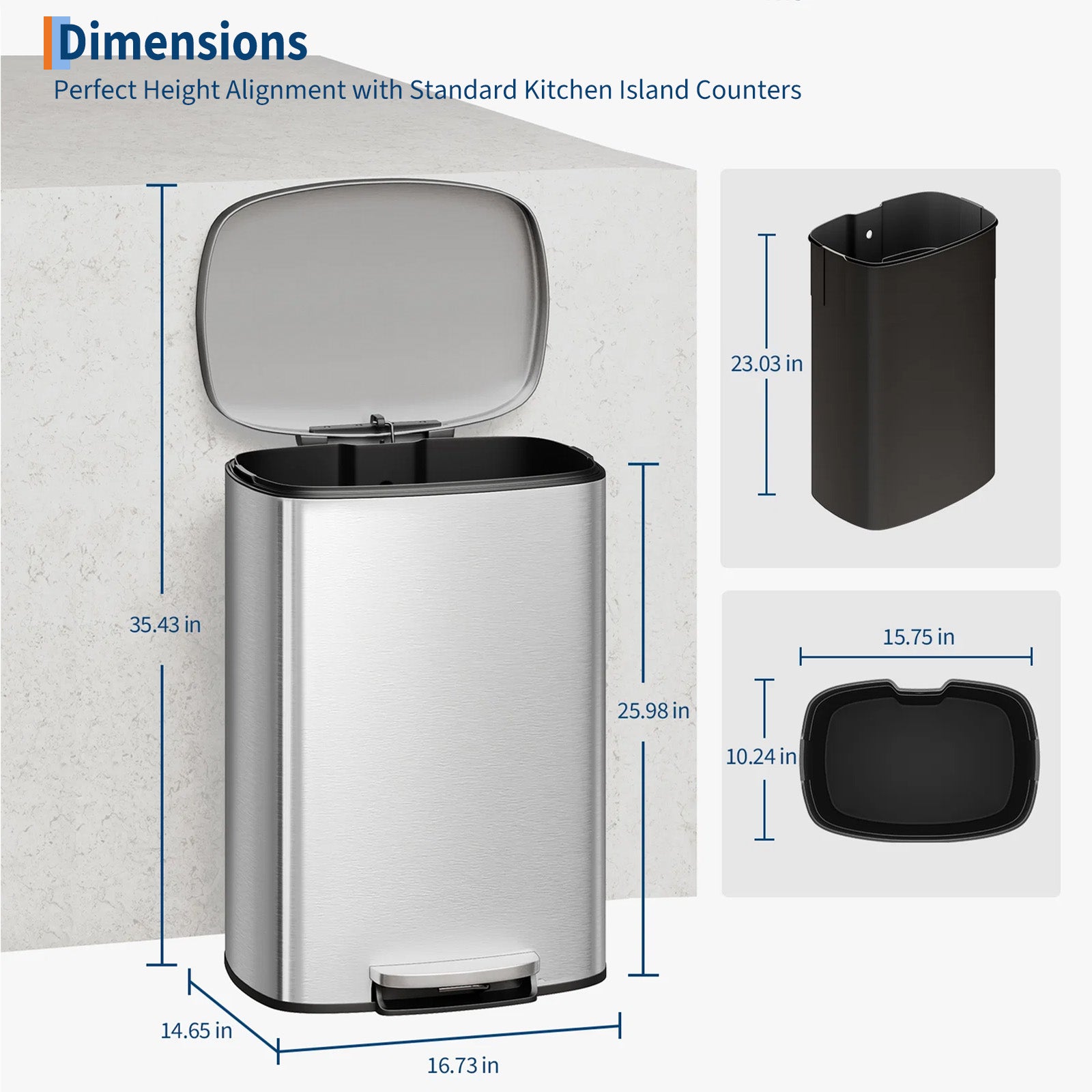 Garvee Cubo de Basura de 50 Litros en Acero Inoxidable con Pedal Tapa de Cierre Suave y Cubo Interior Extraíble Plata