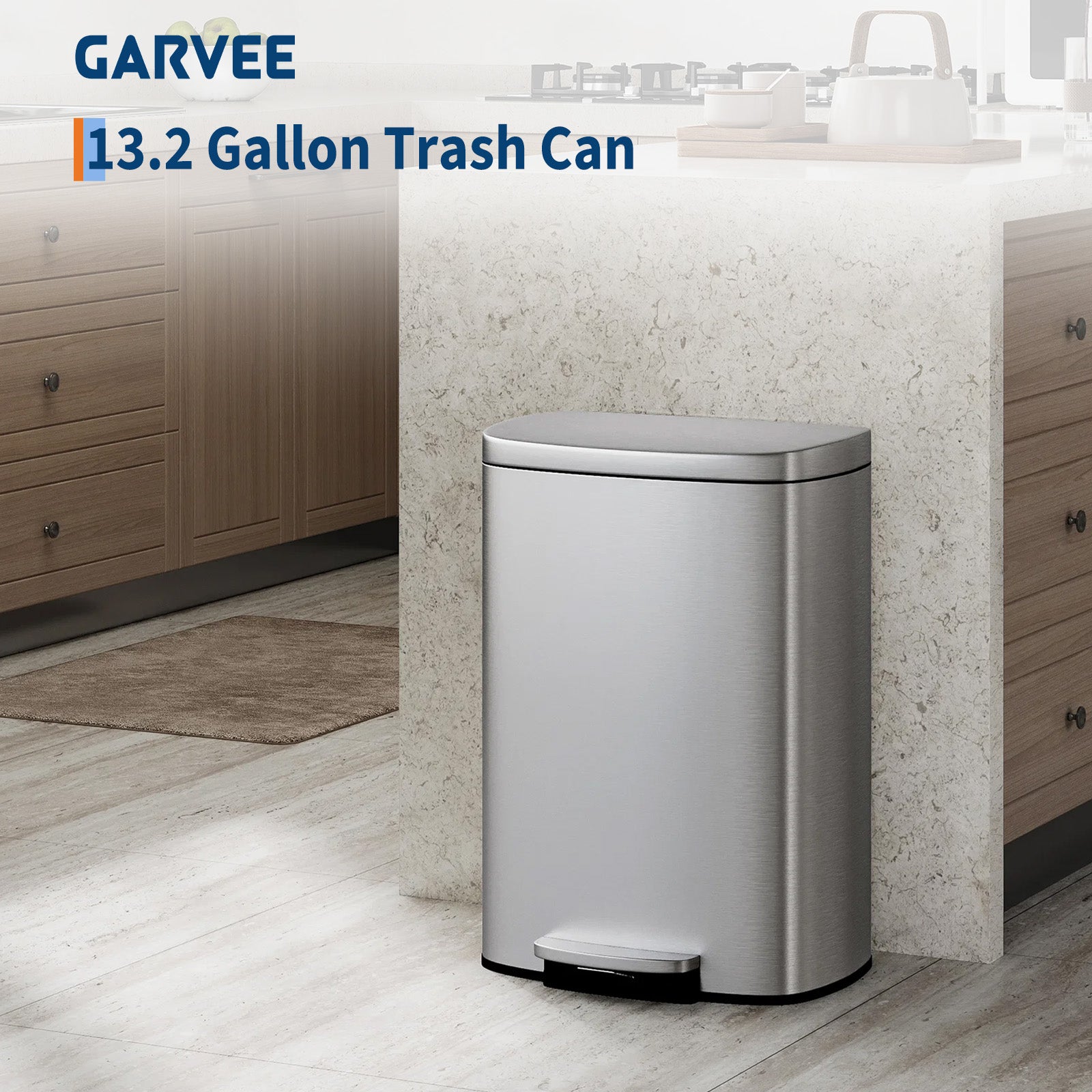 Garvee Cubo de Basura de 50 Litros en Acero Inoxidable con Pedal Tapa de Cierre Suave y Cubo Interior Extraíble Plata