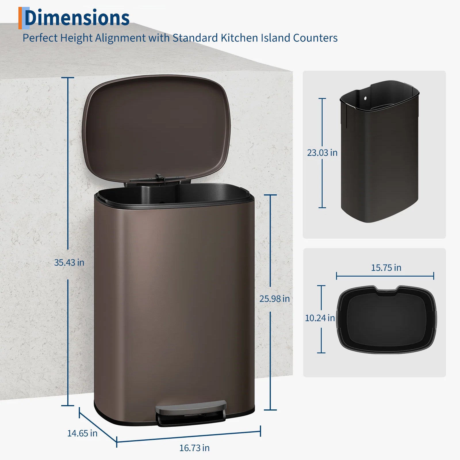 Garvee Cubo de Basura de 50 Litros de Acero Inoxidable Antihuellas con Pedal Industrial, Tapa de Cierre Suave y Cubo Interior Extraíble, 32,5 x 26 x 58,5 cm, Marrón