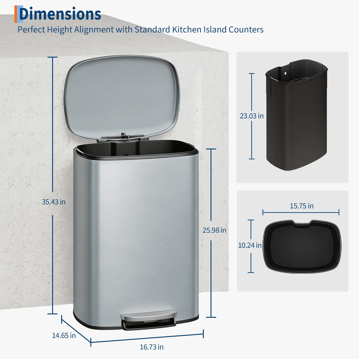 Garvee Cubo de Basura de Pedal de 50 L de Acero Inoxidable Cierre Suave y Silencioso Forma Ovalada Anti-Olores para Cocina Gris