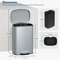 Garvee Cubo de Basura de Pedal de 50 L de Acero Inoxidable Cierre Suave y Silencioso Forma Ovalada Anti-Olores para Cocina Gris