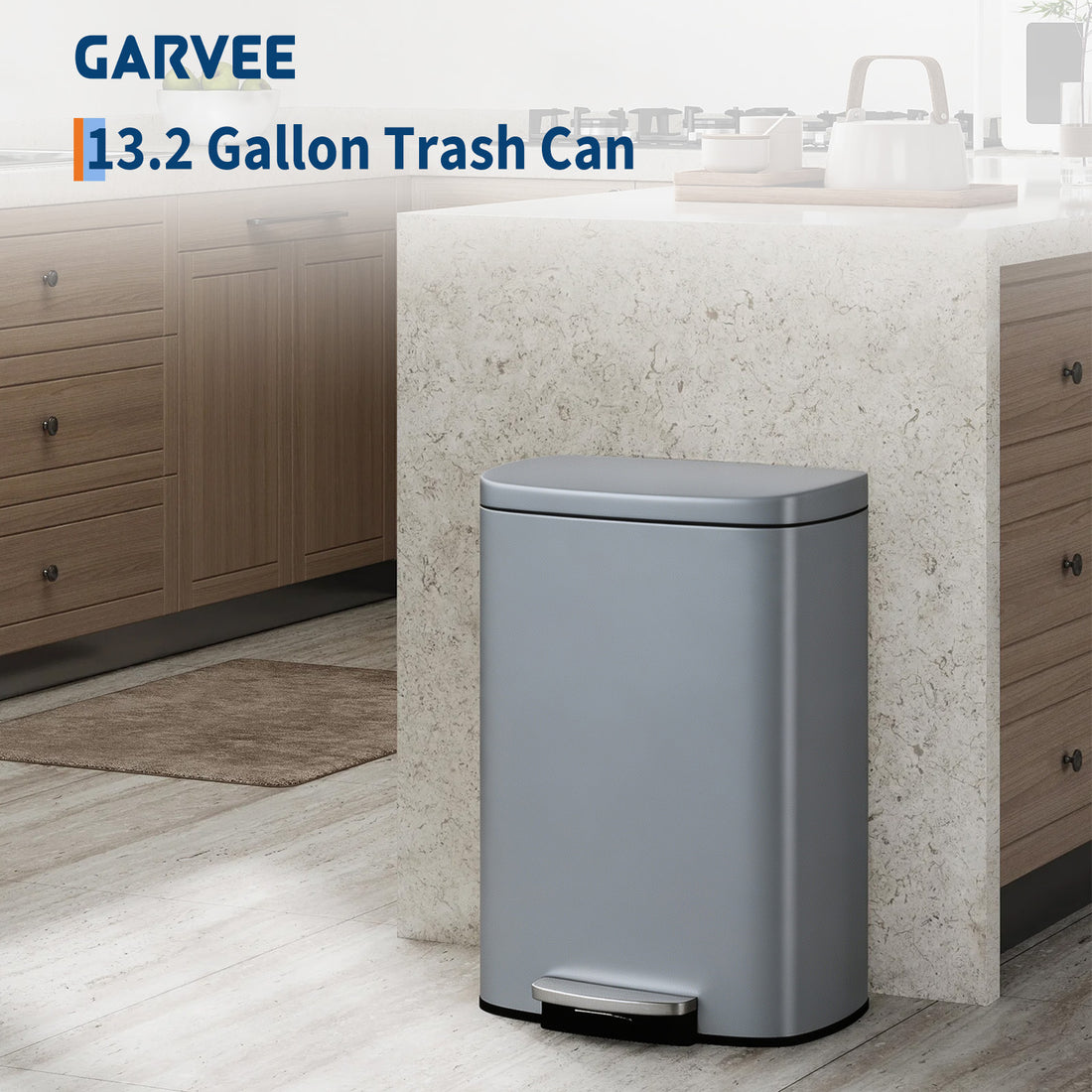 Garvee Cubo de Basura de Pedal de 50 L de Acero Inoxidable Cierre Suave y Silencioso Forma Ovalada Anti-Olores para Cocina Gris