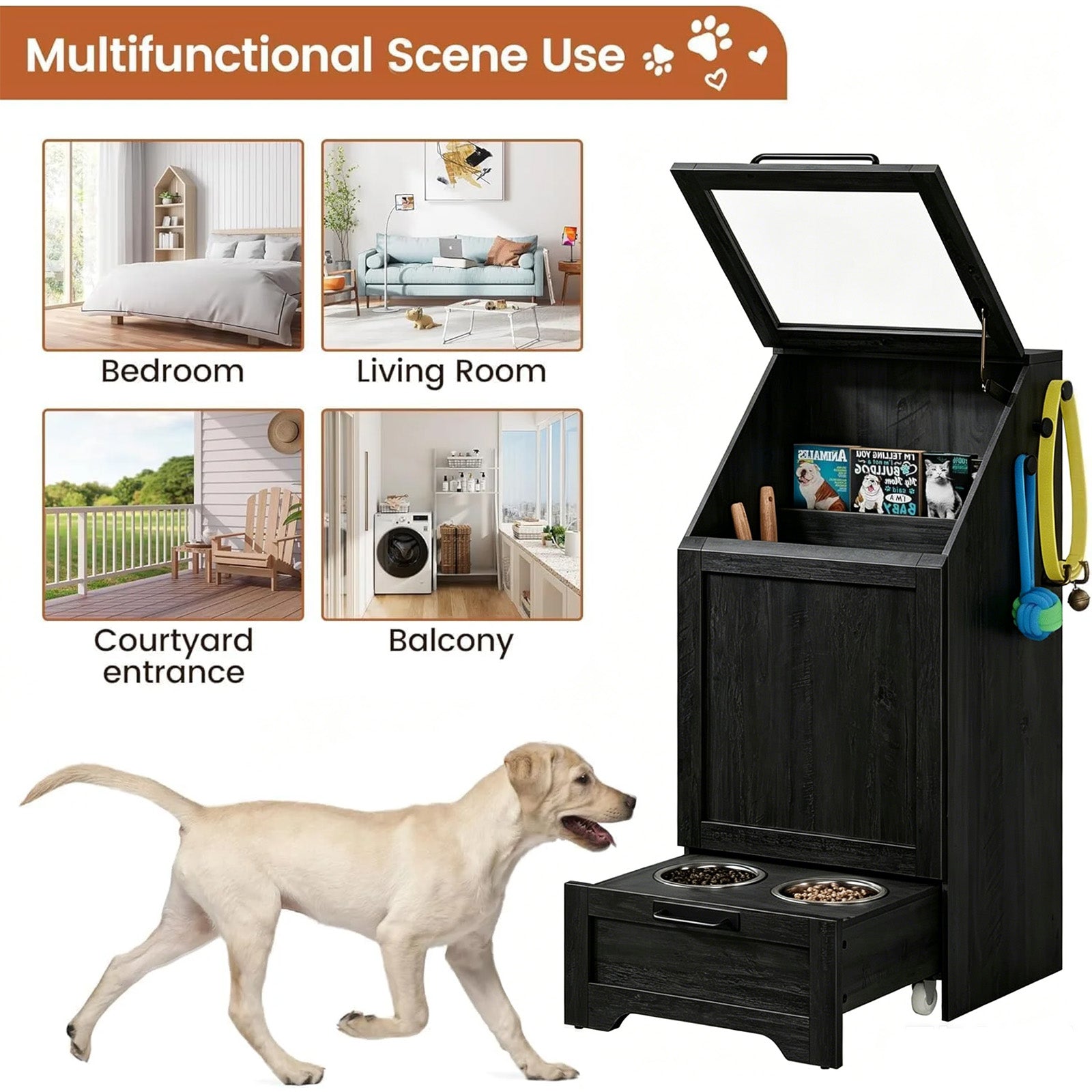 Garvee Mueble Alimentador para Perros con Contenedor de Comida, Armario de Almacenamiento de Madera con Comedero Inferior, Negro