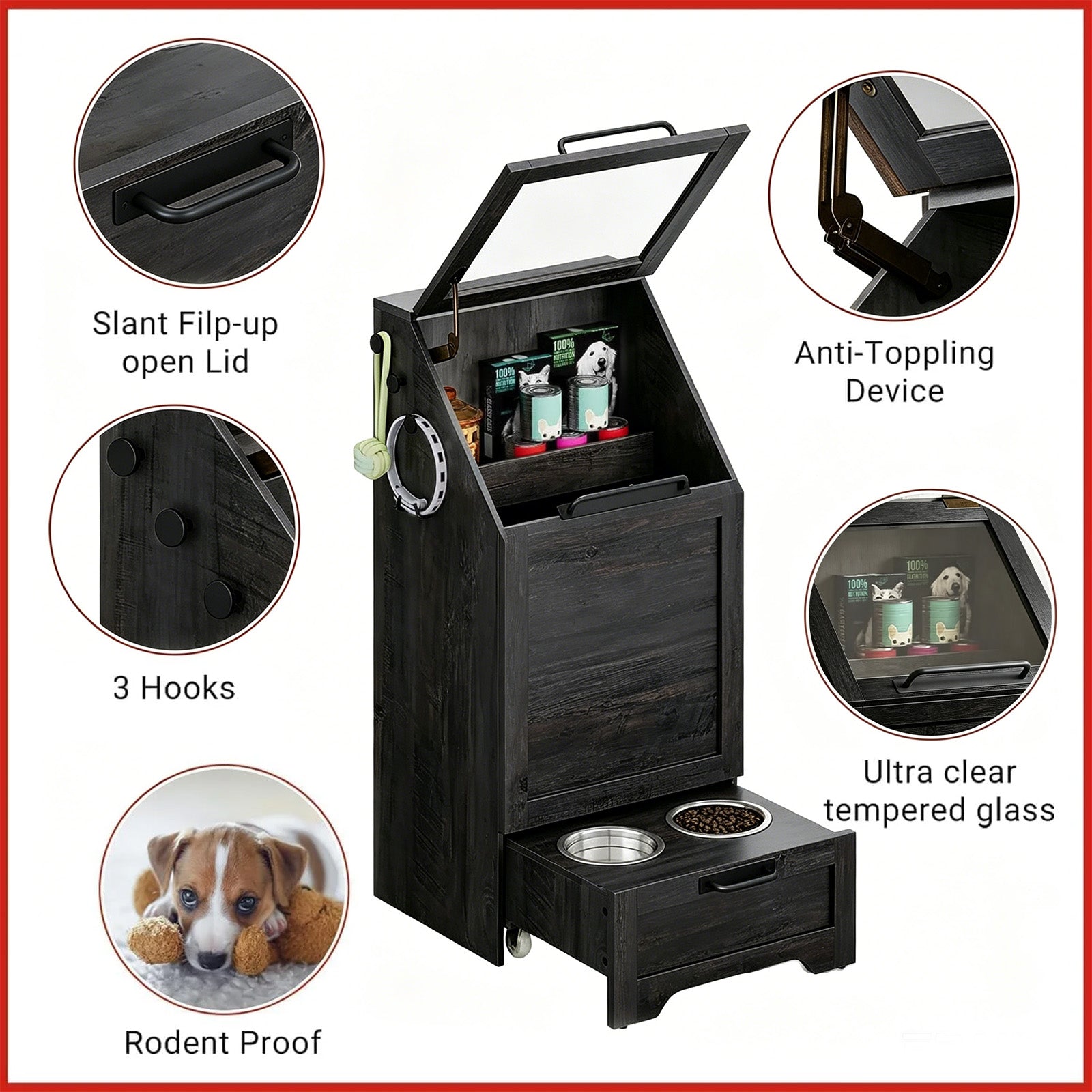 Garvee Mueble Alimentador para Perros con Contenedor de Comida, Armario de Almacenamiento de Madera con Comedero Inferior, Negro