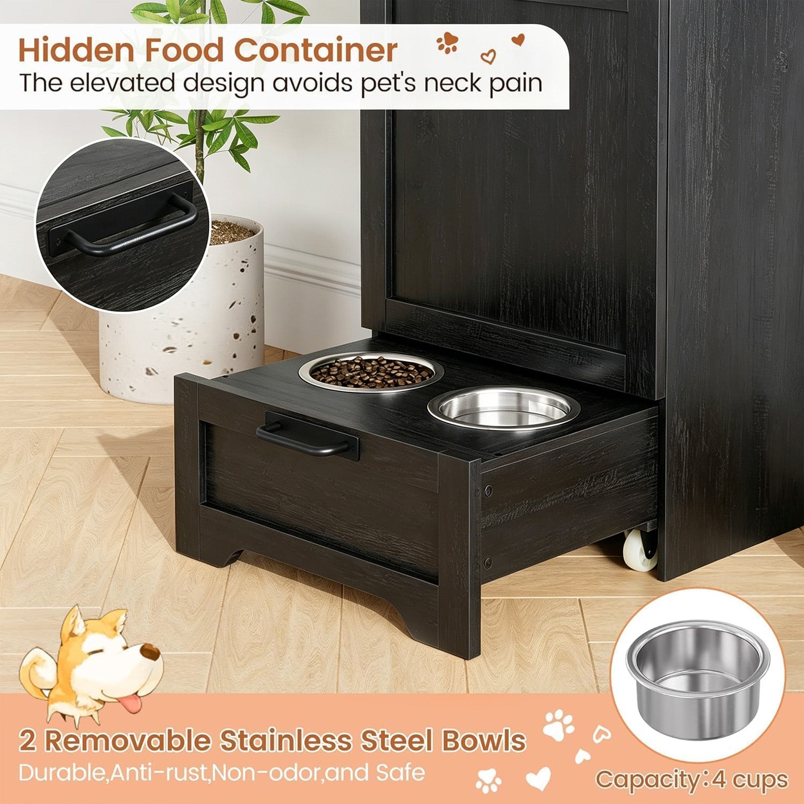 Garvee Mueble Alimentador para Perros con Contenedor de Comida, Armario de Almacenamiento de Madera con Comedero Inferior, Negro