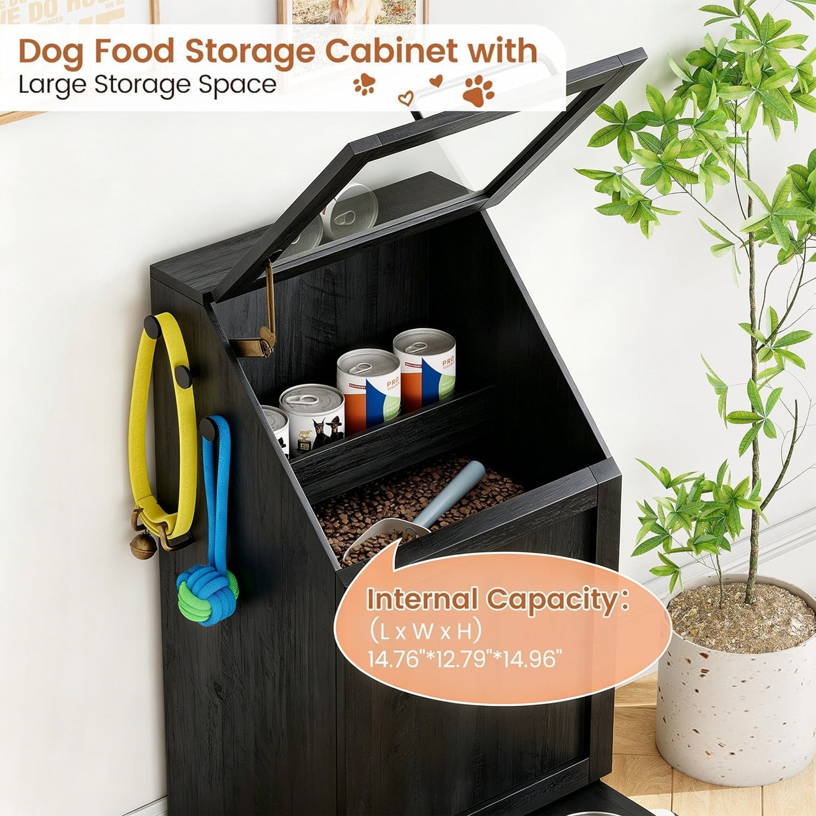 Garvee Mueble Alimentador para Perros con Contenedor de Comida, Armario de Almacenamiento de Madera con Comedero Inferior, Negro