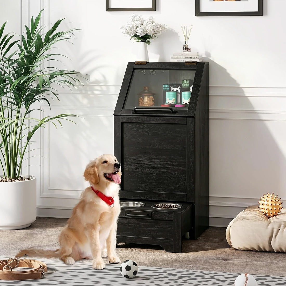 Garvee Mueble Alimentador para Perros con Contenedor de Comida, Armario de Almacenamiento de Madera con Comedero Inferior, Negro