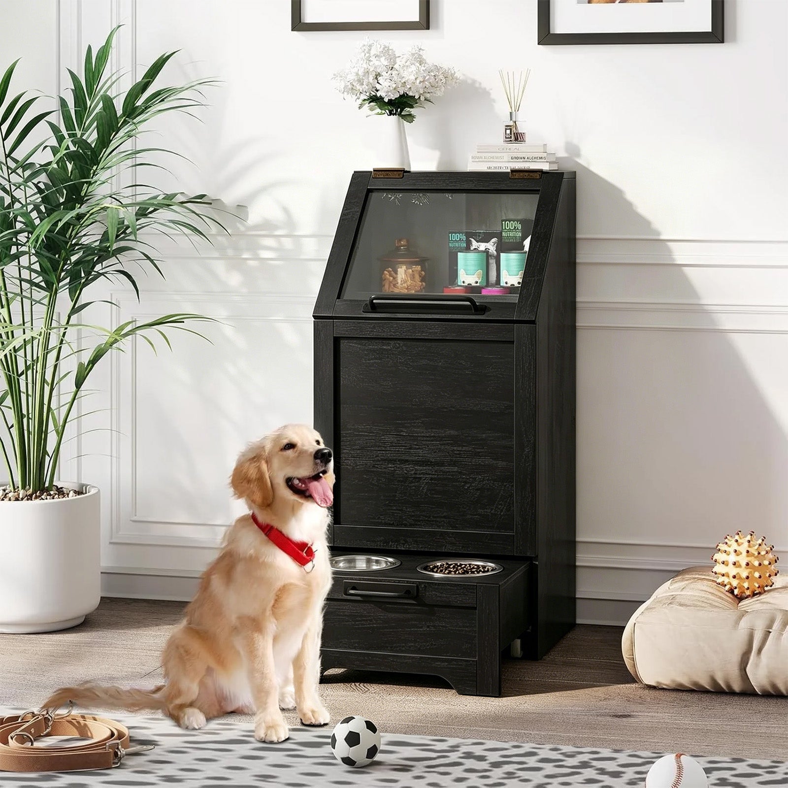 Garvee Mueble Alimentador para Perros con Contenedor de Comida, Armario de Almacenamiento de Madera con Comedero Inferior, Negro